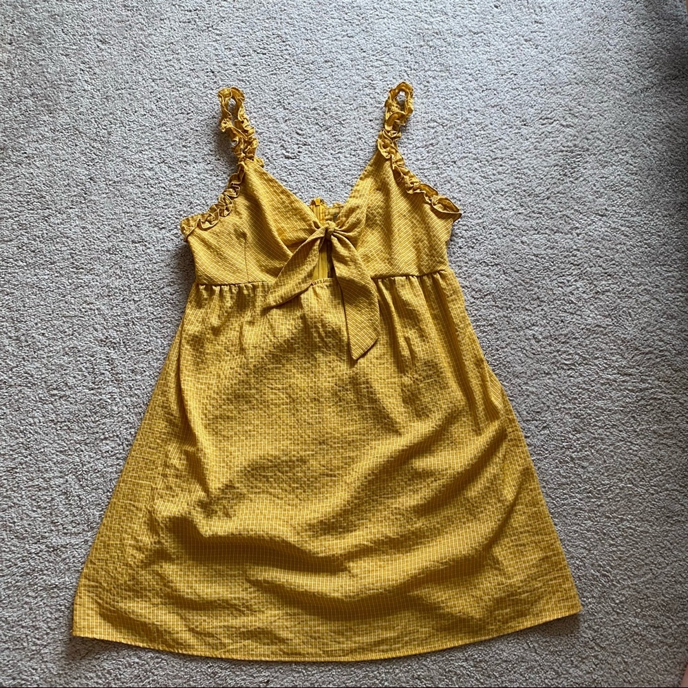 ANOTHER’S LOVE yellow checker print spaghetti strap dress with ruffle detail